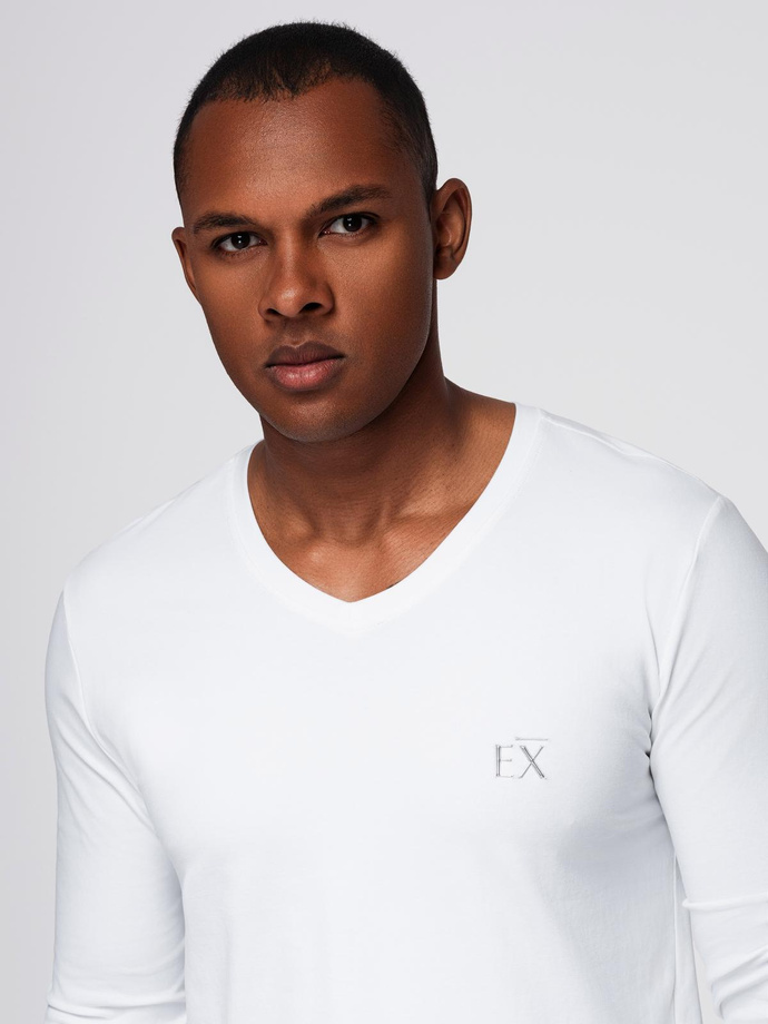 Męski longsleeve V-neck SLIM FIT z elastanem i printem – biały V2 OM-LSBC-0123