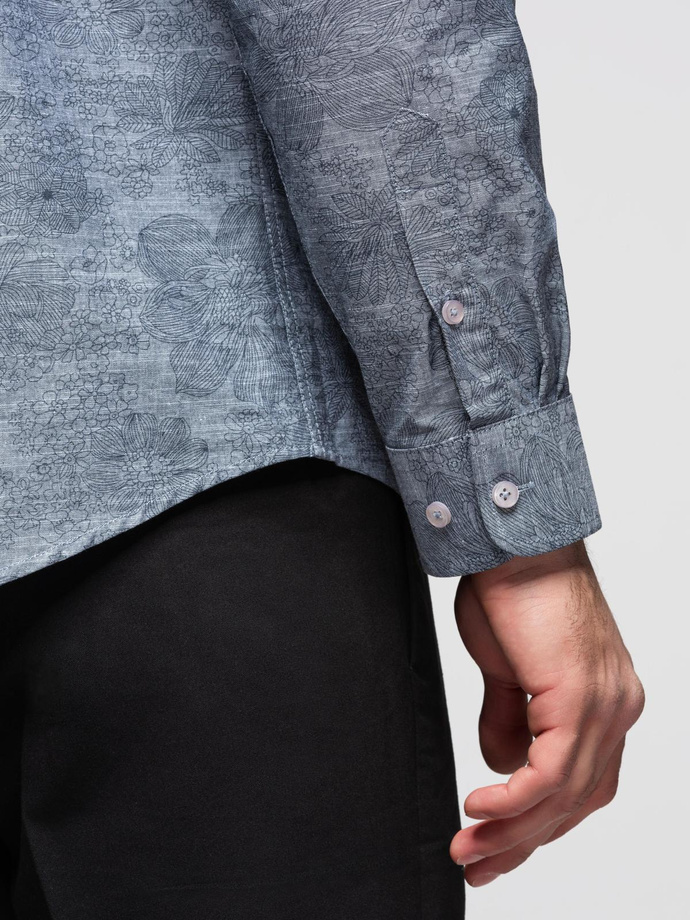 Klasyczna flanelowa męska koszula bawełniana w kwiaty - szara V3 OM-SHCS-0157
