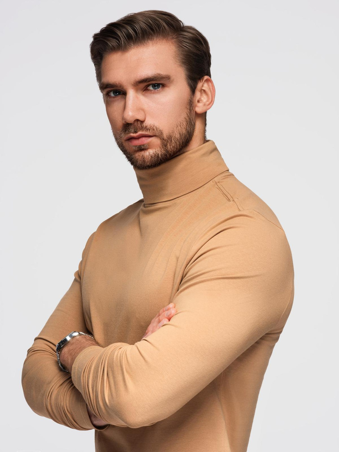 Męski longsleeve gładki z golfem - jasnobrązowy V5 OM-LSCL-0130