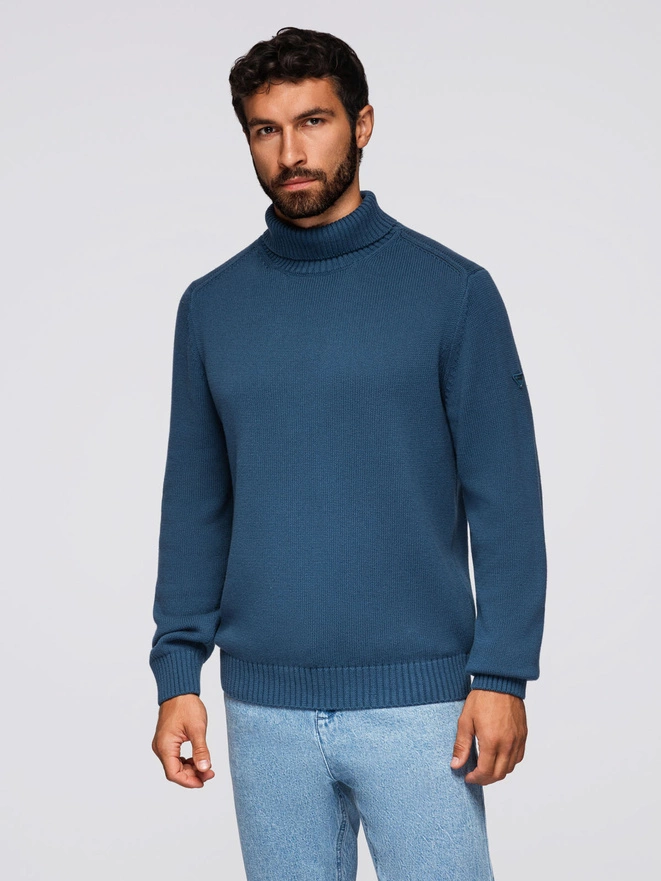 Męski golf sweter z dzianiny – ciemnoniebieski V2 OM-SWTN-0163