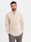 Koszula męska lniana ze stójką i kieszenią REGULAR FIT – kremowa V3 OM-SHCS-0161