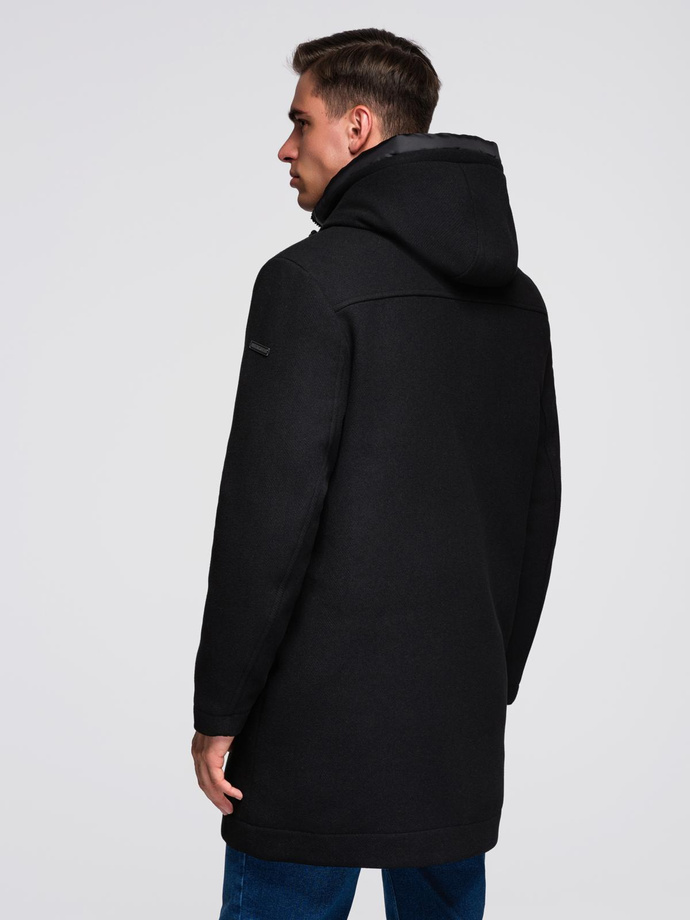 Płaszcz męski parka z wełną i kapturem - czarny V1 OM-COWC-0132