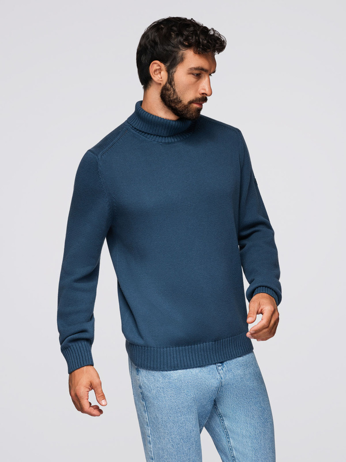Męski golf sweter z dzianiny – ciemnoniebieski V2 OM-SWTN-0163