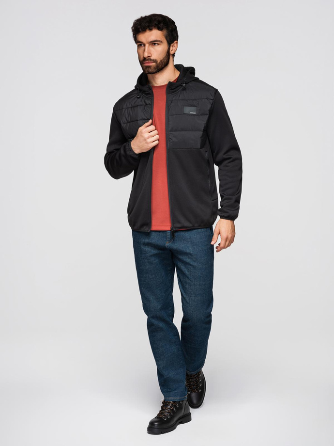 Kurtka lekka męska z łączonych materiałów z kapturem i ozdobnym pikowaniem – czarna V5 OM-JANP-0160 
