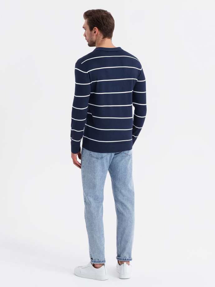 Męski longsleeve polo w poziome paski z wiskozą – granatowo-biały V1 OM-POLS-0146
