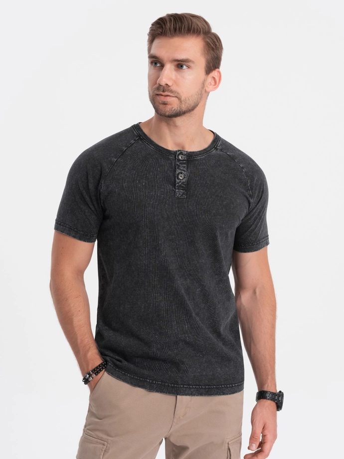 T-shirt męski z dekoltem henley - czarny V1 S1757