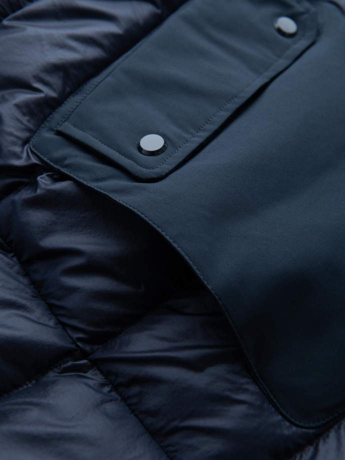 Pikowana długa męska kurtka z dużymi kieszeniami – granatowa V4 OM-JALJ-0165