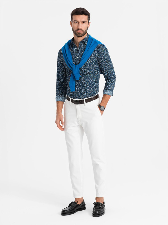 Męska koszula bawełniana we wzory SLIM FIT - ciemnoniebieska V1 OM-SHCS-0151