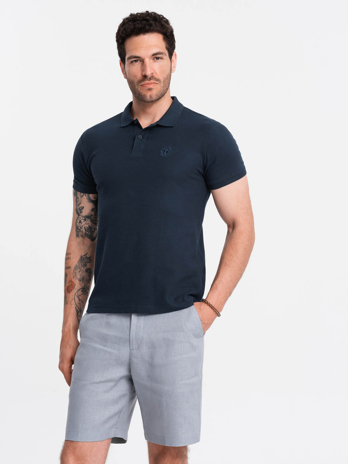 Jednokolorowa koszulka męska polo BASIC z dzianiny pique - granatowa V2 OM-POBS-0100