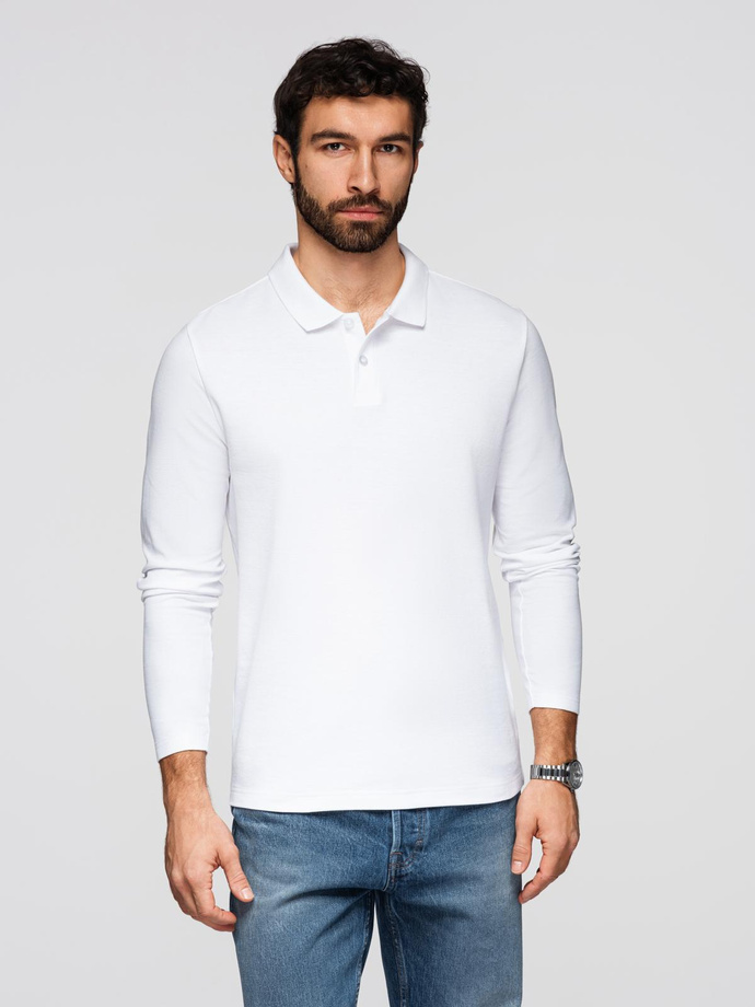 Longsleeve męski BASIC z kołnierzykiem polo – biały V1 OM-POBL-0162