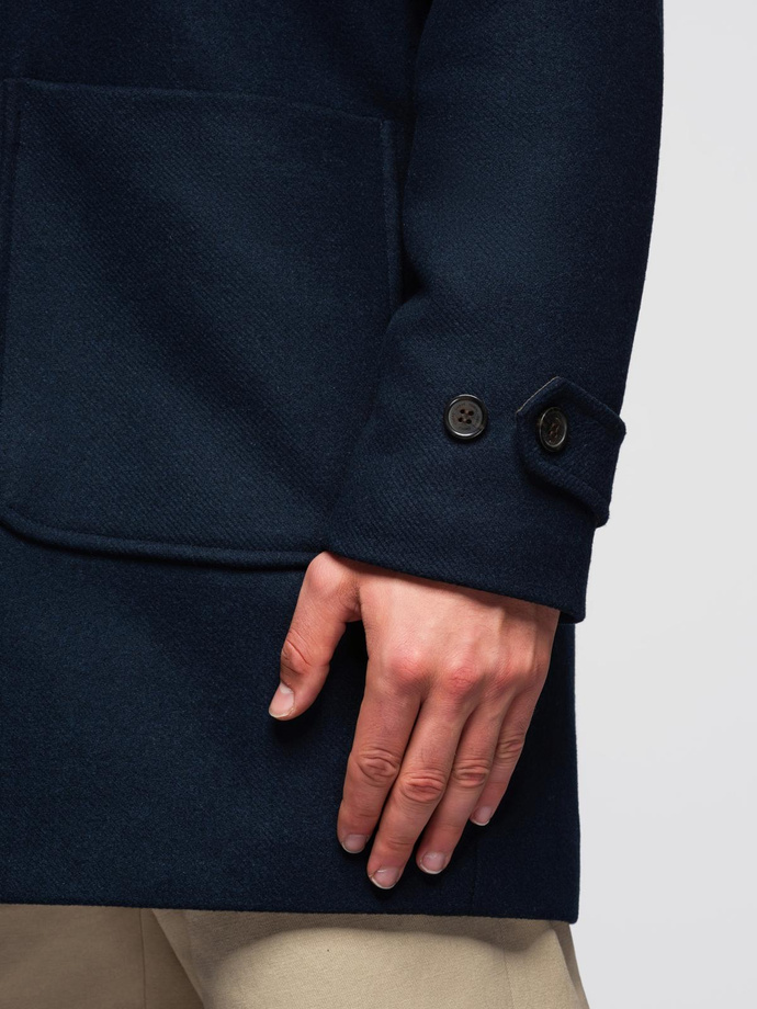 Męski płaszcz z wełną i kapturem duffle coat – granatowy V2 OM-COWC-0131