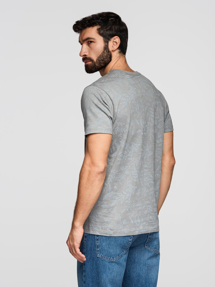 T-shirt męski bawełniany z nadrukiem z motywem roślinnym - szara V3 OM-TSFP-0262
