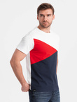 Trójkolorowy t-shirt męski bawełniany - biało-granatowy V3 OM-TSCT-0174