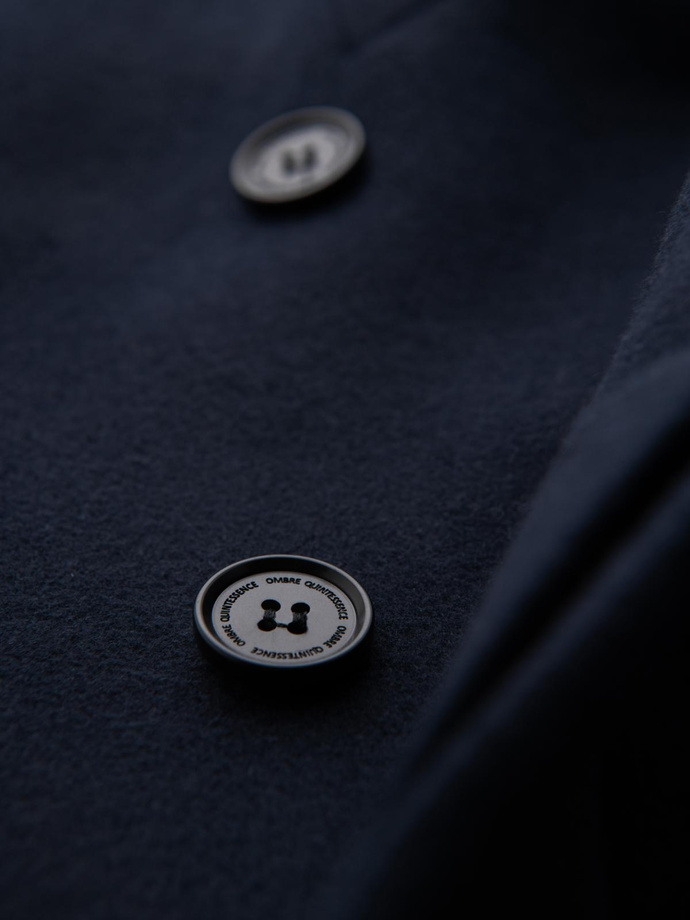 Płaszcz męski z asymetrycznym zapięciem i wysokim kołnierzem – granatowy V3 OM-COWC-0141