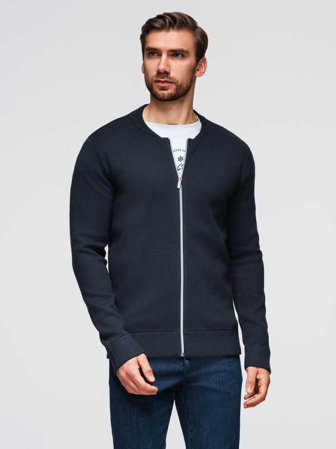 Sweter męski gładki na zamek  – granatowy V1 OM-SWZS-0146
