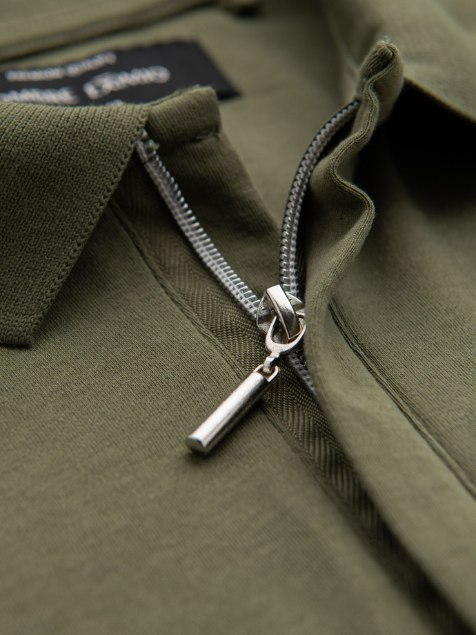 Męska koszulka polo z dekoltem na zamek - oliwkowa V5 OM-POSS-0148