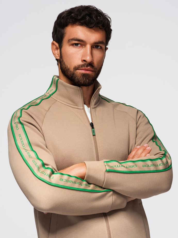 Bluza męska rozpinana z lampasami i wysoką stójką – brązowa V1 OM-SSZP-0224