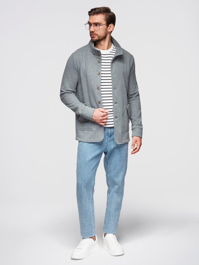 Bluza męska zapinana na guziki ze stójką – szary melanż V7 OM-SSZP-0240