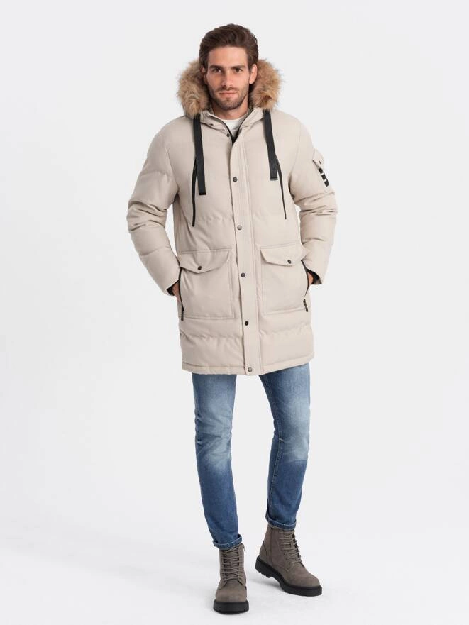 Kurtka męska parka zimowa - beżowa V5 OM-JALJ-0132