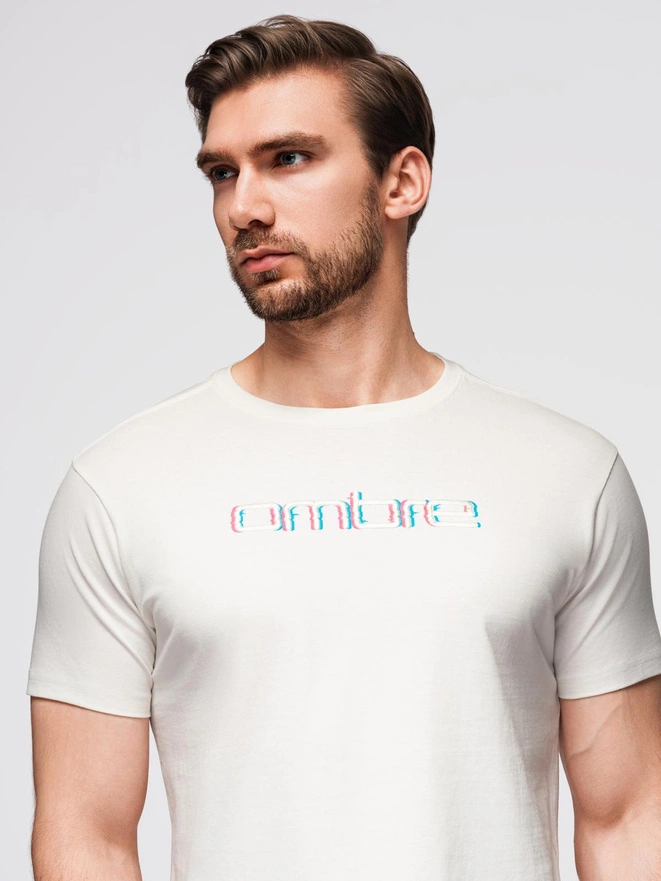 T-shirt męski z haftem na klatce piersiowej – biały V2 OM-TSPT-0248
