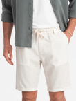 Męskie krótkie spodenki z dodatkiem lnu - kremowe V2 OM-SRCS-0131