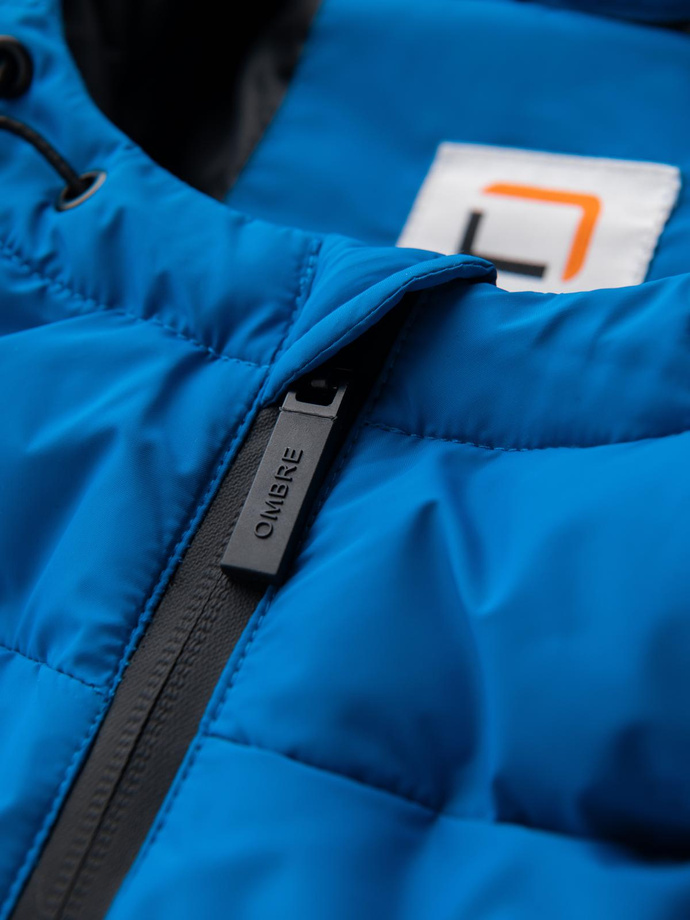 Ocieplana pikowana kurtka męska z raglanowym rękawem – niebieska V2 OM-JAHP-0302