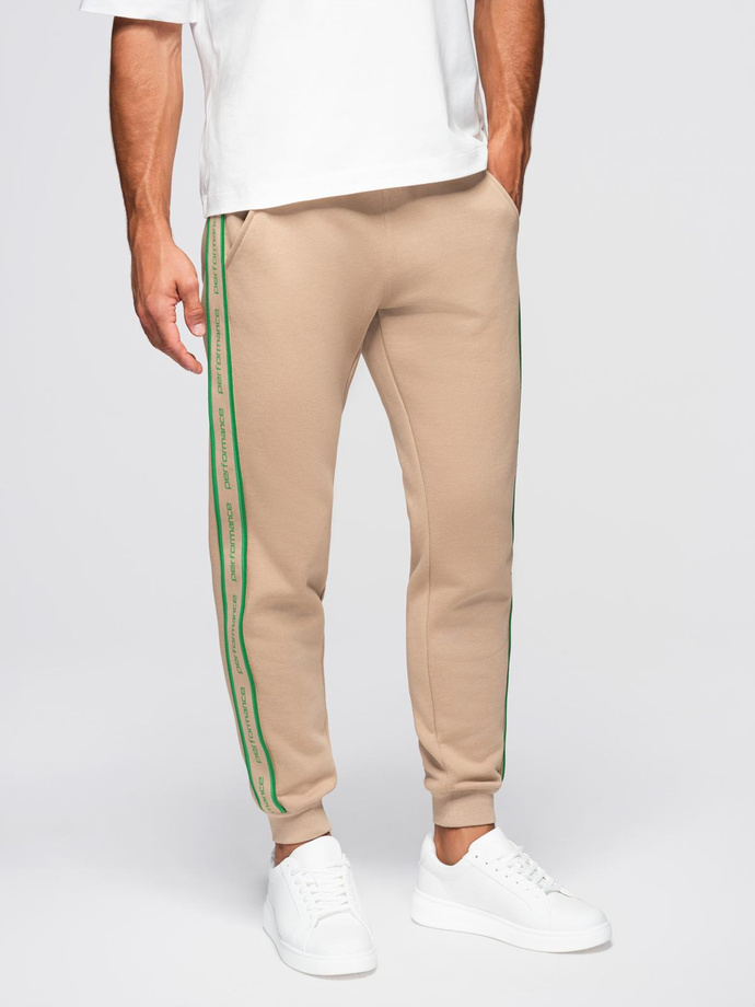 Sportowe spodnie męskie jogger z lampasami – brązowe V1 OM-PASK-0284