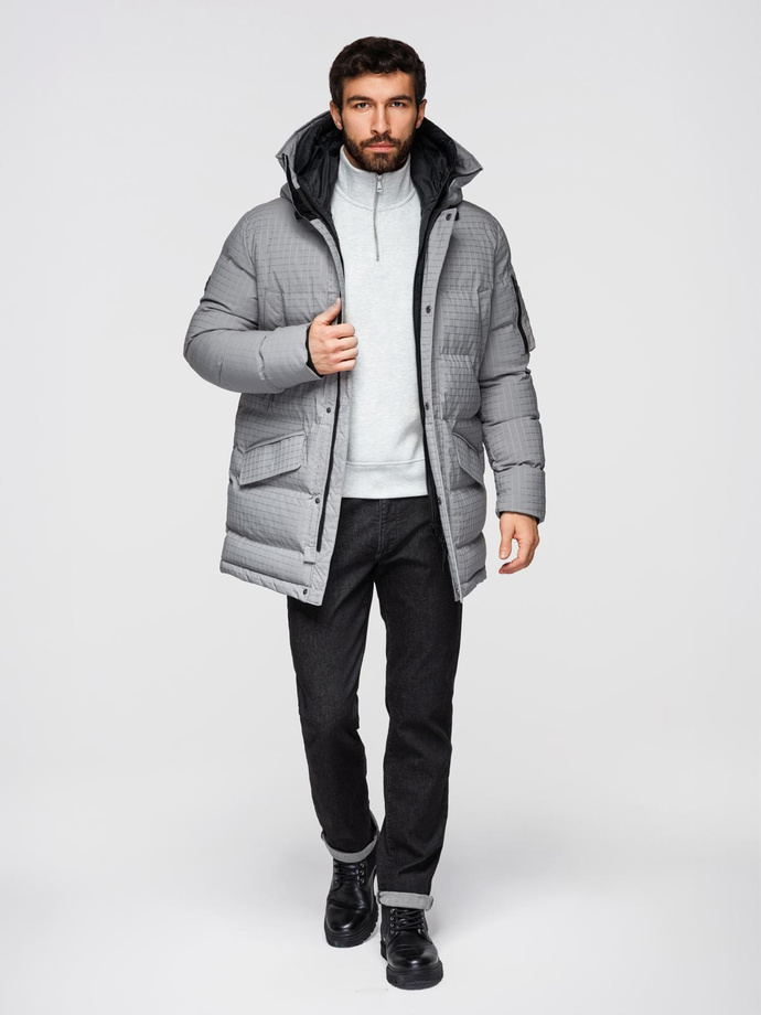 Długa męska kurtka parka ze strukturalnej tkaniny – szara V2 OM-JALJ-0201
