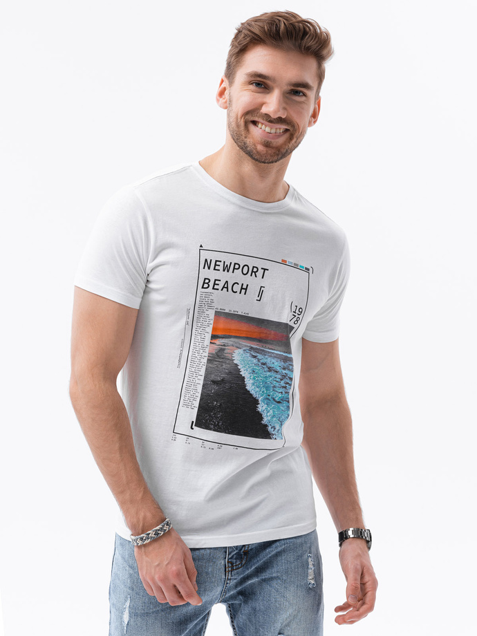 T-shirt męski z nadrukiem - biały V-15A S1434