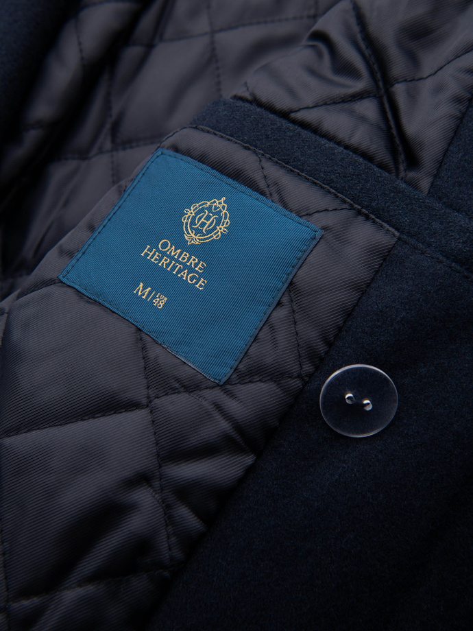 Męski dwurzędowy płaszcz z wełną oraz ozdobnymi aplikacjami na ramionach - V1 granatowy OM-COWC-0150