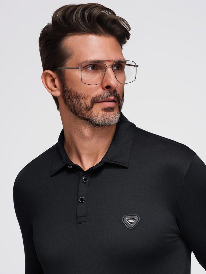 Polo koszulka z długim rękawem zapinana na eleganckie, brandowane guziki – czarna V1 OM-POLS-0139