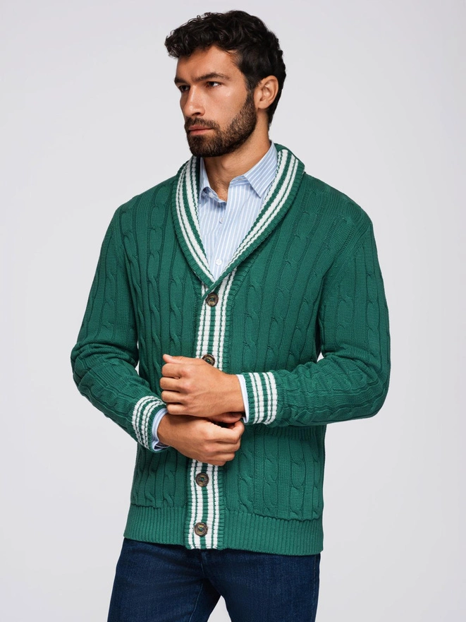Męski sweter kardigan z szalowym kołnierzem w stylu preppy - zielony V2 OM-SWCD-0152