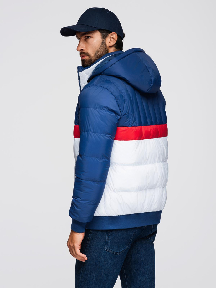 Kolorowa sportowa męska  kurtka w stylu retro – niebiesko-biała V1 OM-JALP-0296