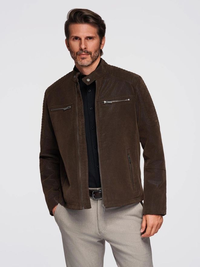 Męska kurtka biker w stylu retro ze stójką – brązowa V1 OM-JAFL-0197
