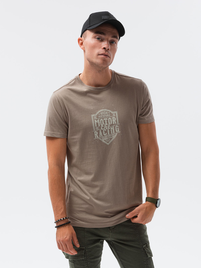 T-shirt męski z nadrukiem - brązowy V-25C S1434