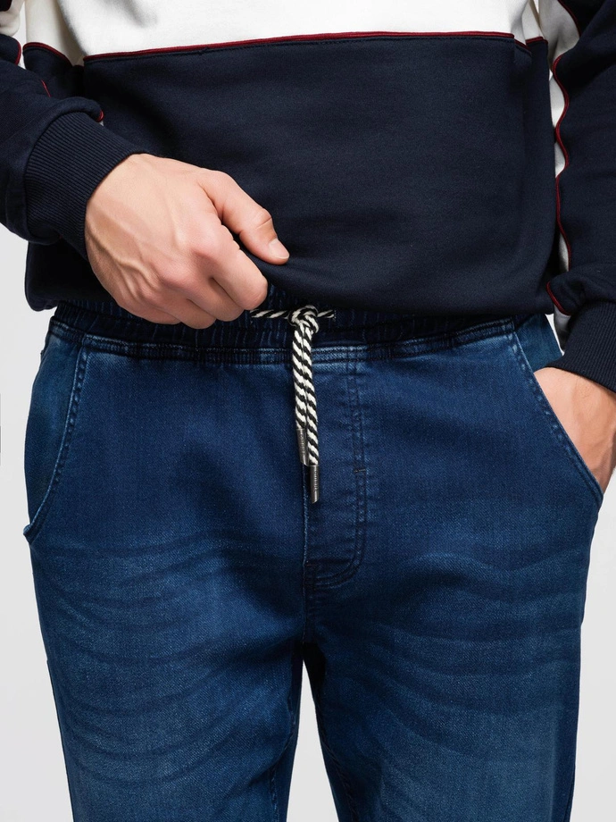 Męskie spodnie jeansowe joggery ze ściagaczem w pasie - ciemnoniebieskie V3 OM-PADJ-0242