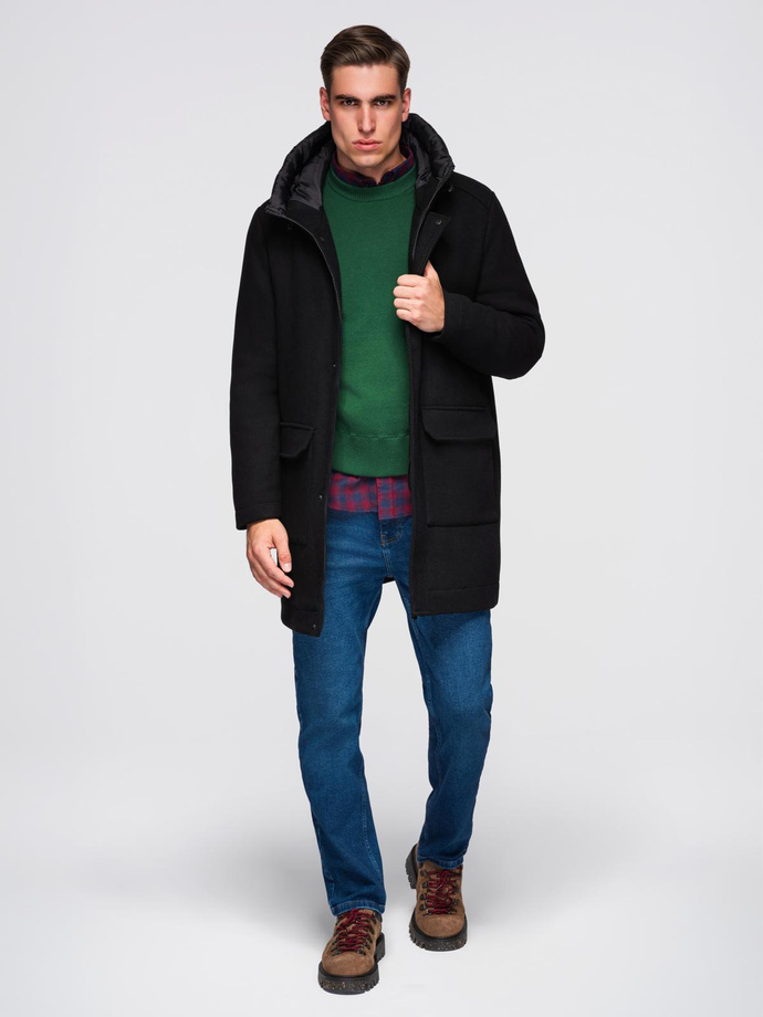 Płaszcz męski parka z wełną i kapturem - czarny V1 OM-COWC-0132