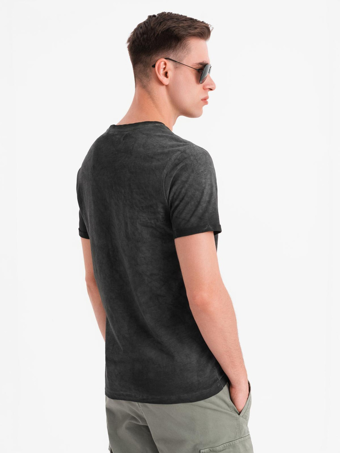 Męski bawełniany t-shirt V-neck z dzianiny z efektem sprania - czarny V6 OM-TSWT-0242