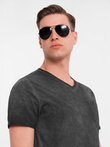 Męski bawełniany t-shirt V-neck z dzianiny z efektem sprania - czarny V6 OM-TSWT-0242