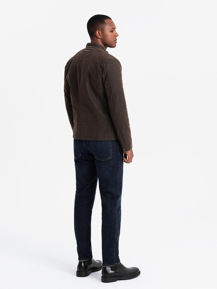 Męska kurtka biker w stylu retro ze stójką – brązowa V1 OM-JAFL-0197