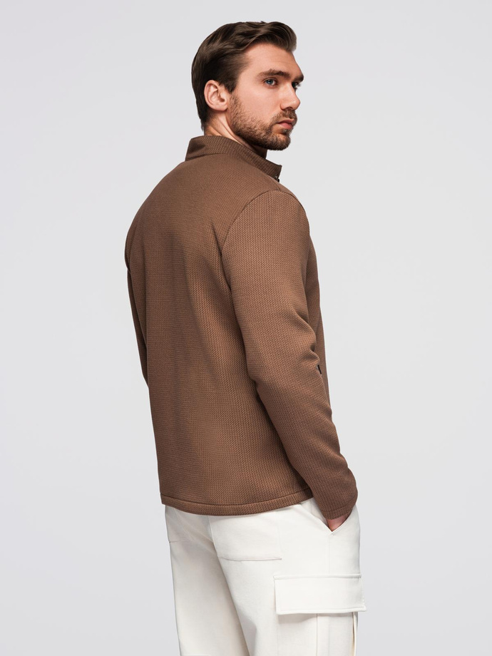 Męska strukturalna kurtka biker ze stójką – brązowa V2 OM-JANP-0229