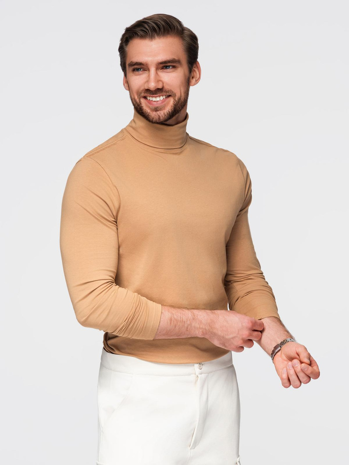 Męski longsleeve gładki z golfem - jasnobrązowy V5 OM-LSCL-0130