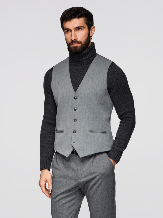 Elegancka męska kamizelka w jodełkę SLIM FIT  - szara V1 OM-BLZV-0143