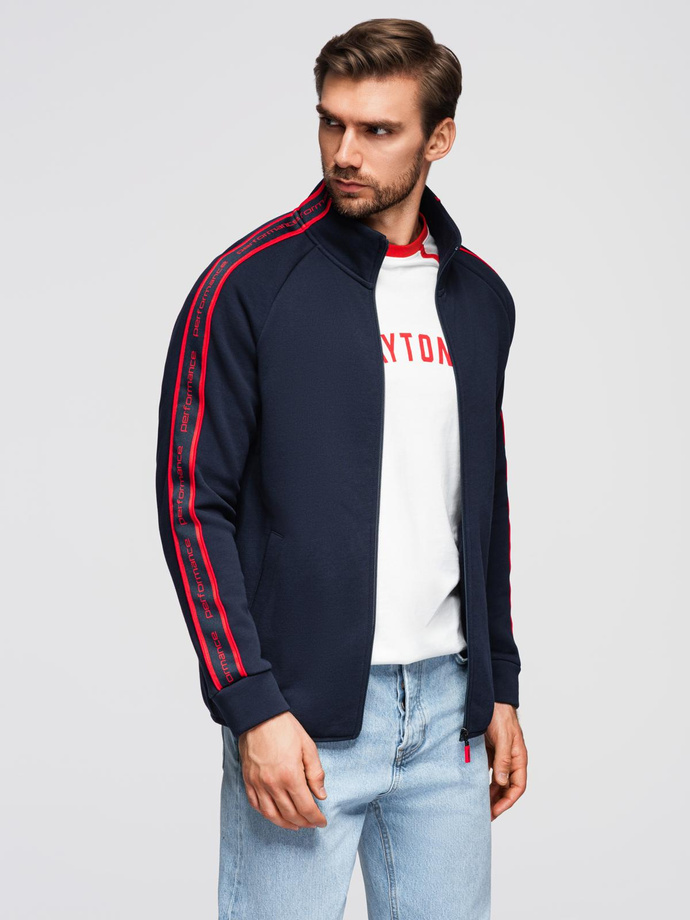 Bluza męska rozpinana z lampasami i wysoką stójką – granatowa V3 OM-SSZP-0224