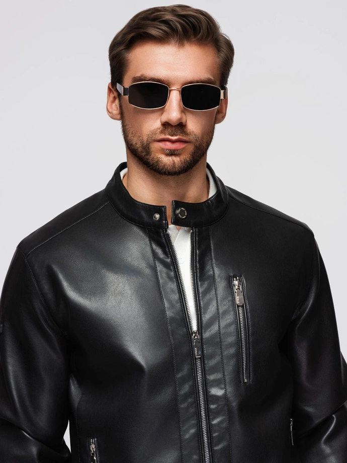 Męska kurtka z imitacji skóry ze stójką - czarna V2 OM-JAFL-0109