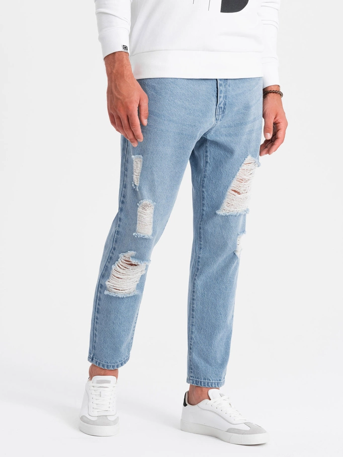 Męskie spodnie jeansowe TAPERED FIT z dziurami – jasnoniebieskie V1 OM-PADP-0175