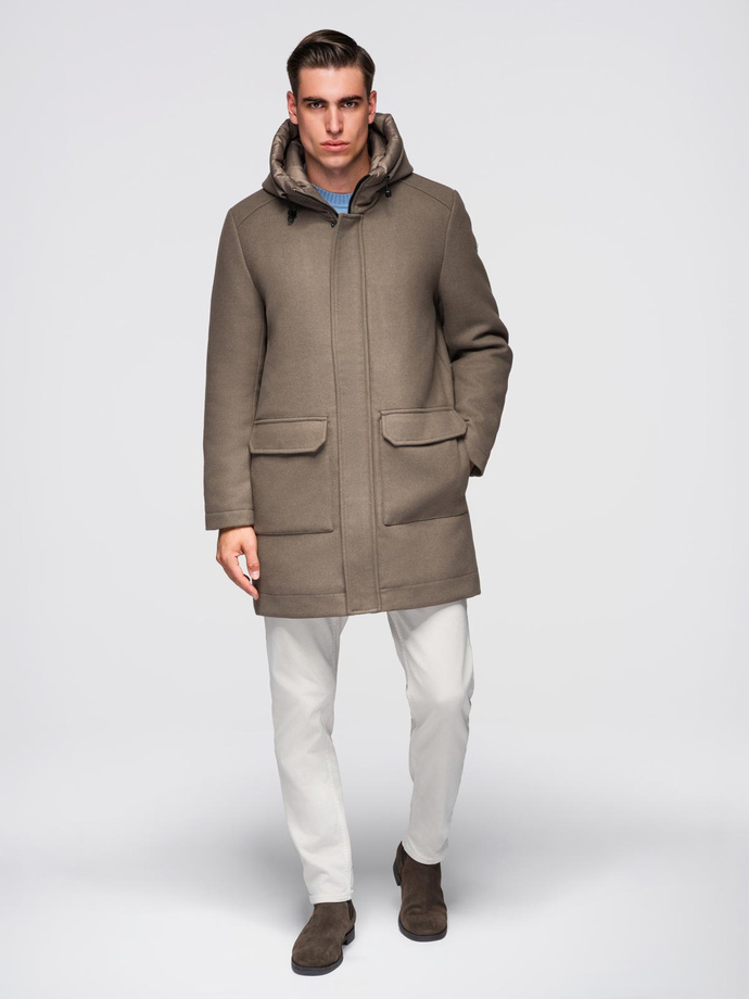 Męski płaszcz parka z wełną i kapturem - khaki V2 OM-COWC-0132
