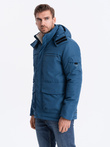 Kurtka męska ocieplana z kapturem - ciemnoniebieska V4 OM-JAHP-0128