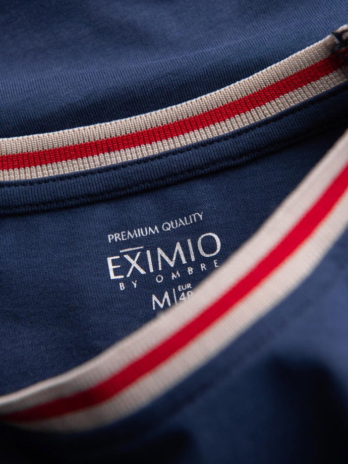 Męski bawełniany longsleeve z dekoltem U w paski i haftem – ciemnoniebieski V3 OM-LSCL-0128