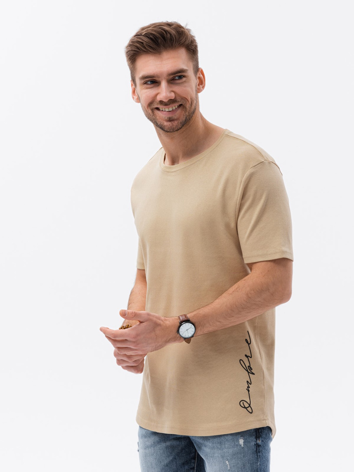 T-shirt męski bawełniany z nadrukiem - beżowy V2 S1387